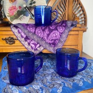 3 Forte Crisa Cobalt Royal Blue Block Ribbed Textured Glass Coffee Mugs